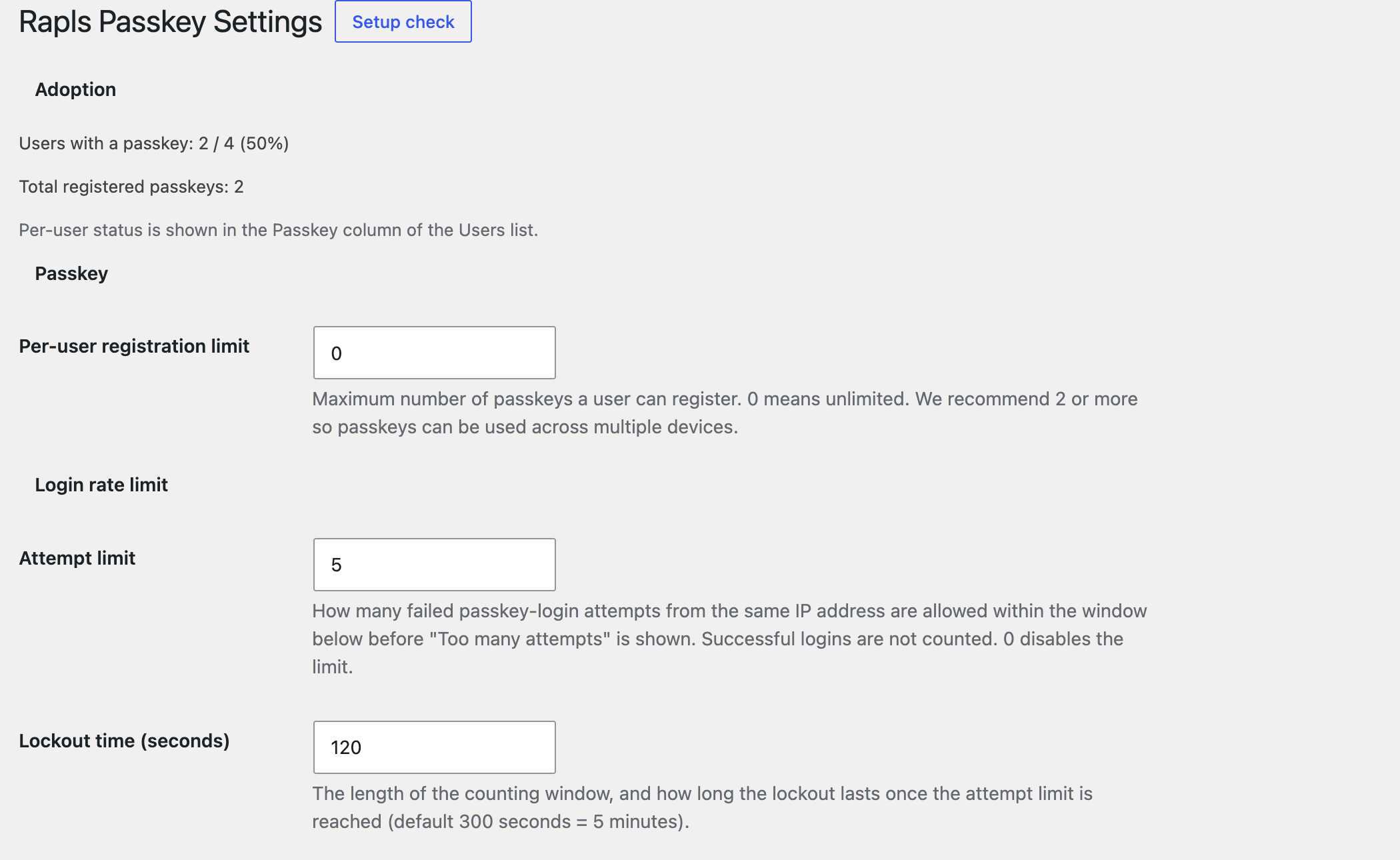 The top of the settings screen: adoption figures, the per-user registration limit and the login rate limit.