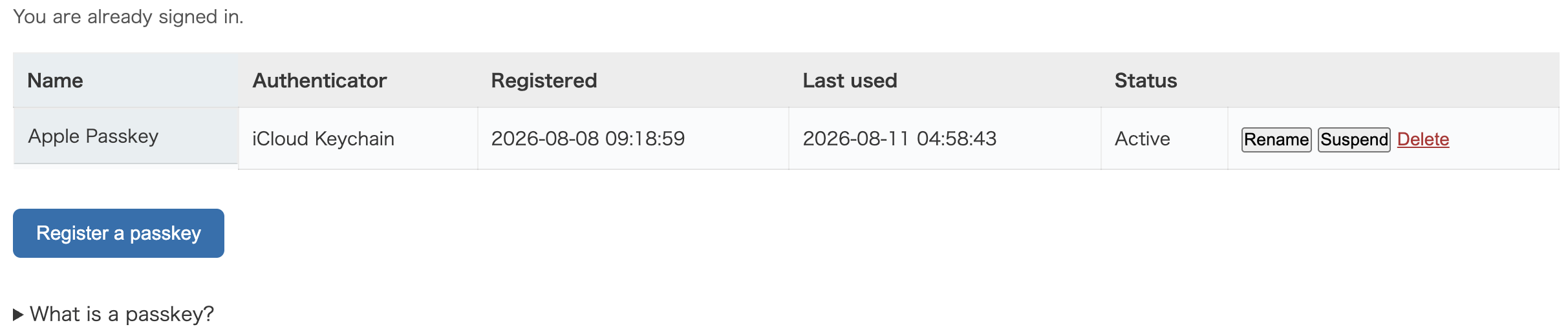 The passkey management shortcode rendered on a page, listing one registered passkey with rename, suspend and delete.