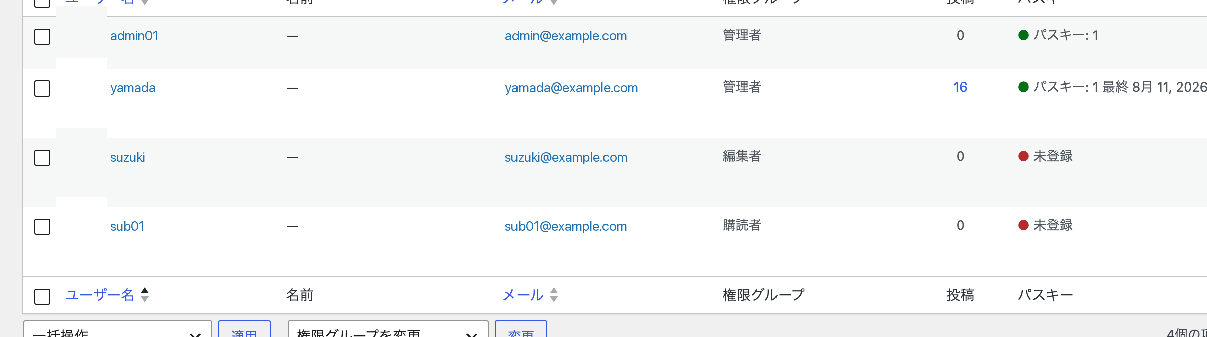 ユーザー一覧に追加されたパスキー列。登録済みと未登録が色付きで示されている。