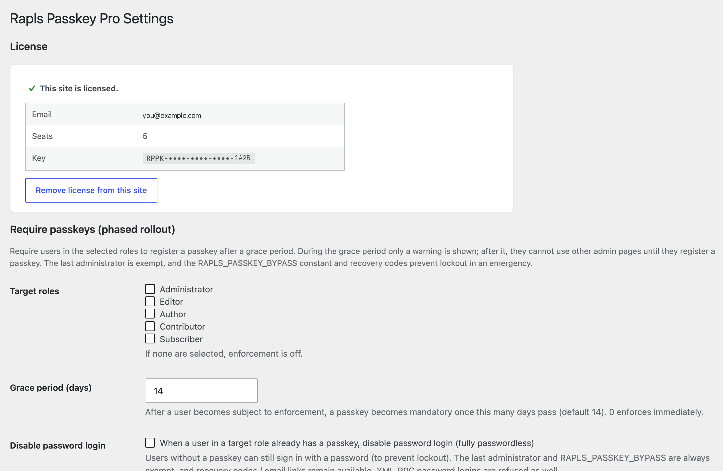 The Rapls Passkey Pro settings screen, showing the site licensed and the passkey enforcement options.