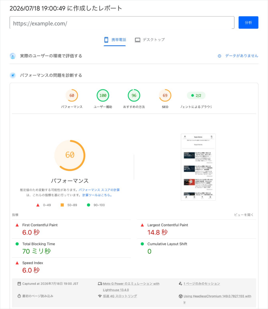 PageSpeed Insightsのモバイル計測結果。パフォーマンス60、LCP14.8秒、Speed Index6.0秒、Total Blocking Time70ミリ秒
