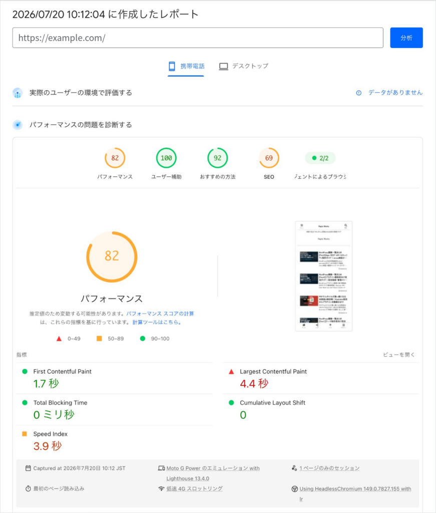 PageSpeed Insightsのモバイル計測結果。キャッシュプラグイン導入後、パフォーマンス82、LCP4.4秒、Speed Index3.9秒、Total Blocking Time0ミリ秒