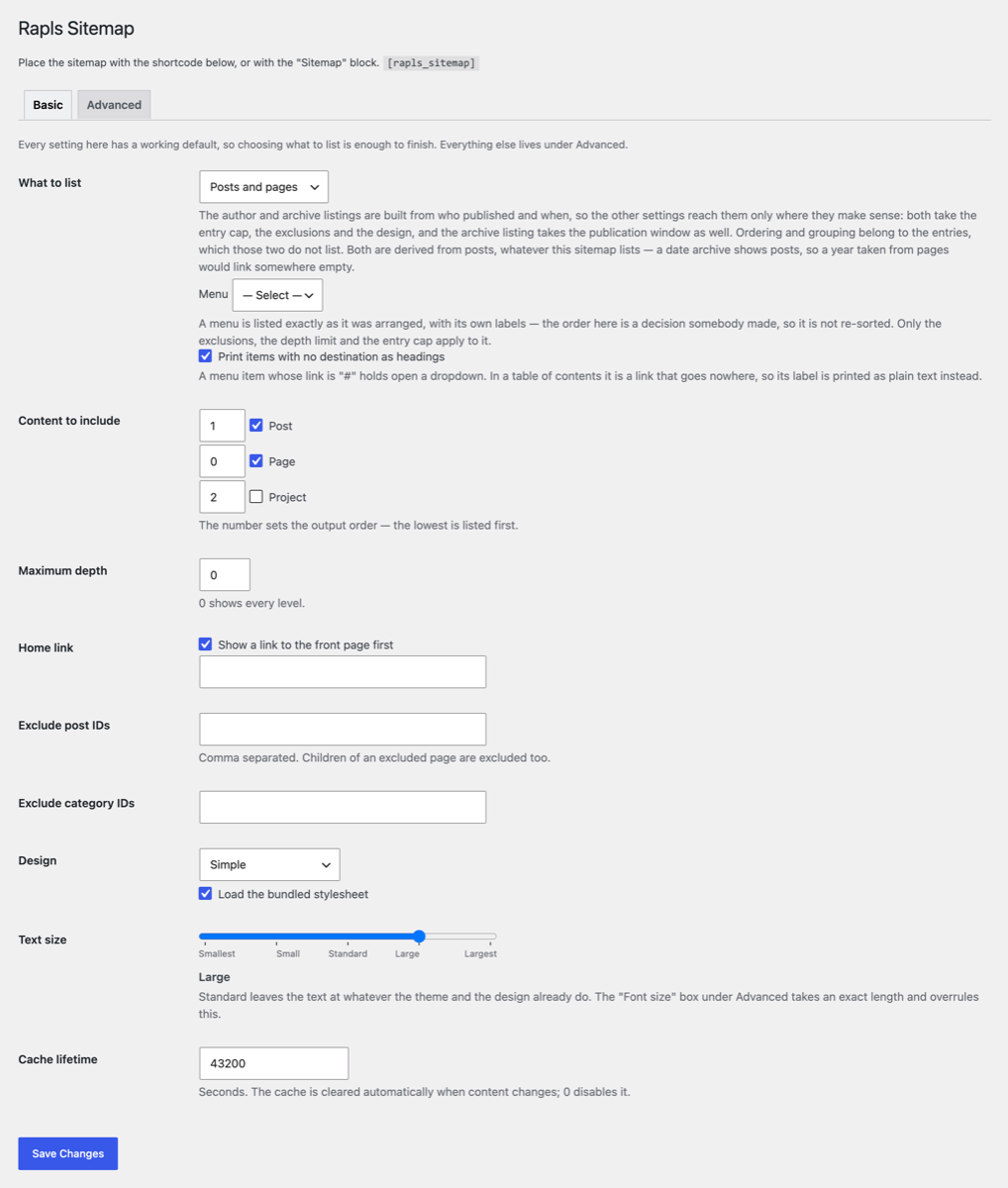 Rapls Sitemap の基本設定タブ。表示する対象、表示する内容、最大階層、ホームリンク、除外設定、デザイン、文字の大きさ、キャッシュが 1 画面に並んでいる。