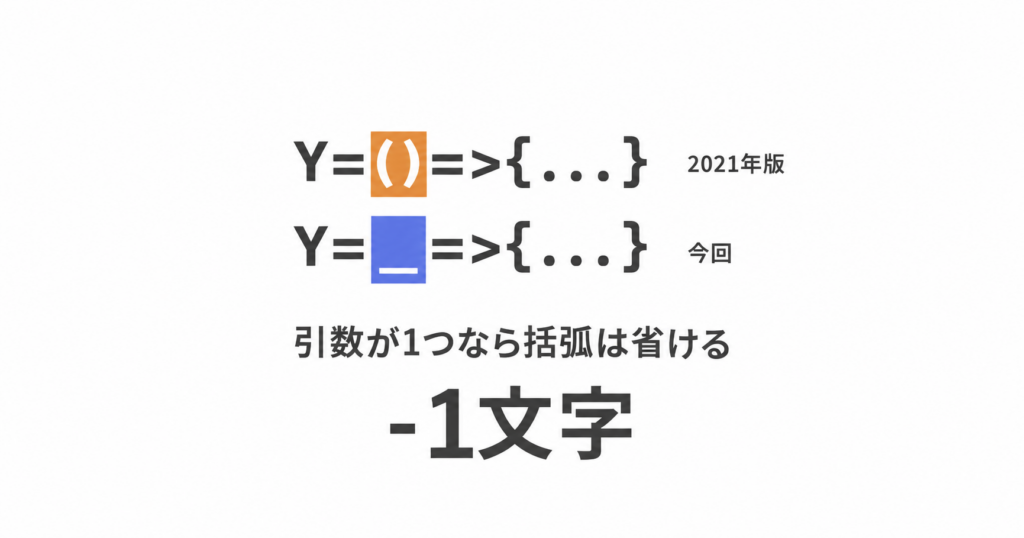 アロー関数の書き方の比較。引数なしの () を、使わないダミー引数 _ に置き換えると1文字短くなることを示した図