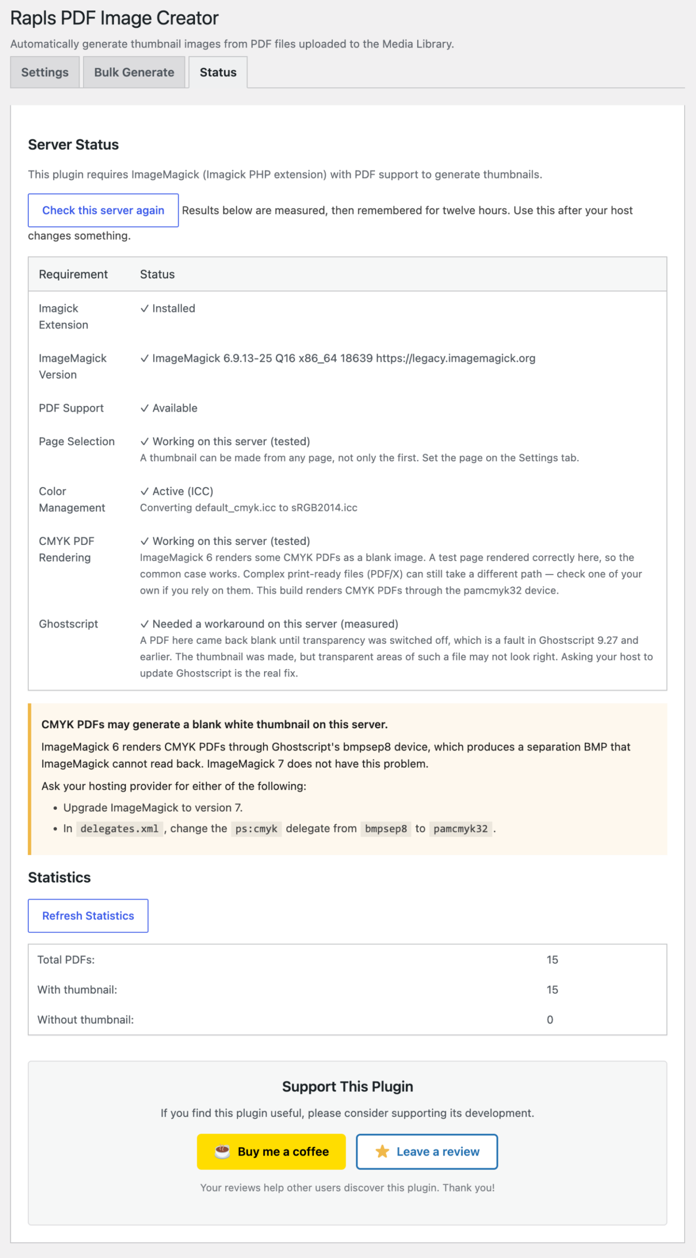 Status tab: each server requirement checked, and statistics
