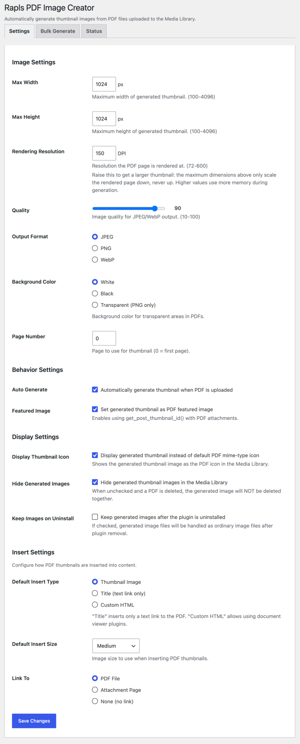 Settings tab: Image, Behavior, Display and Insert settings