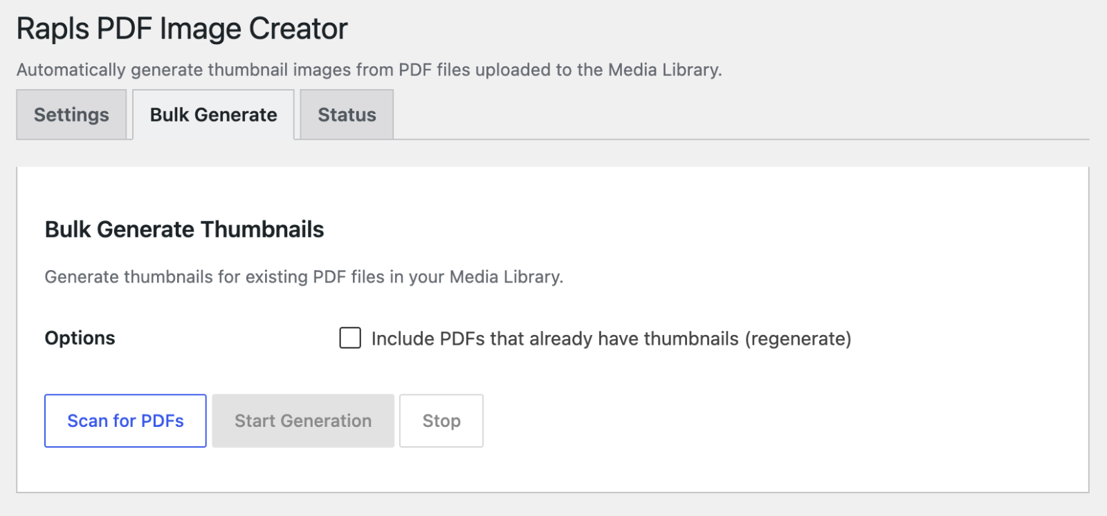 Bulk Generate tab: scan existing PDFs and generate their thumbnails