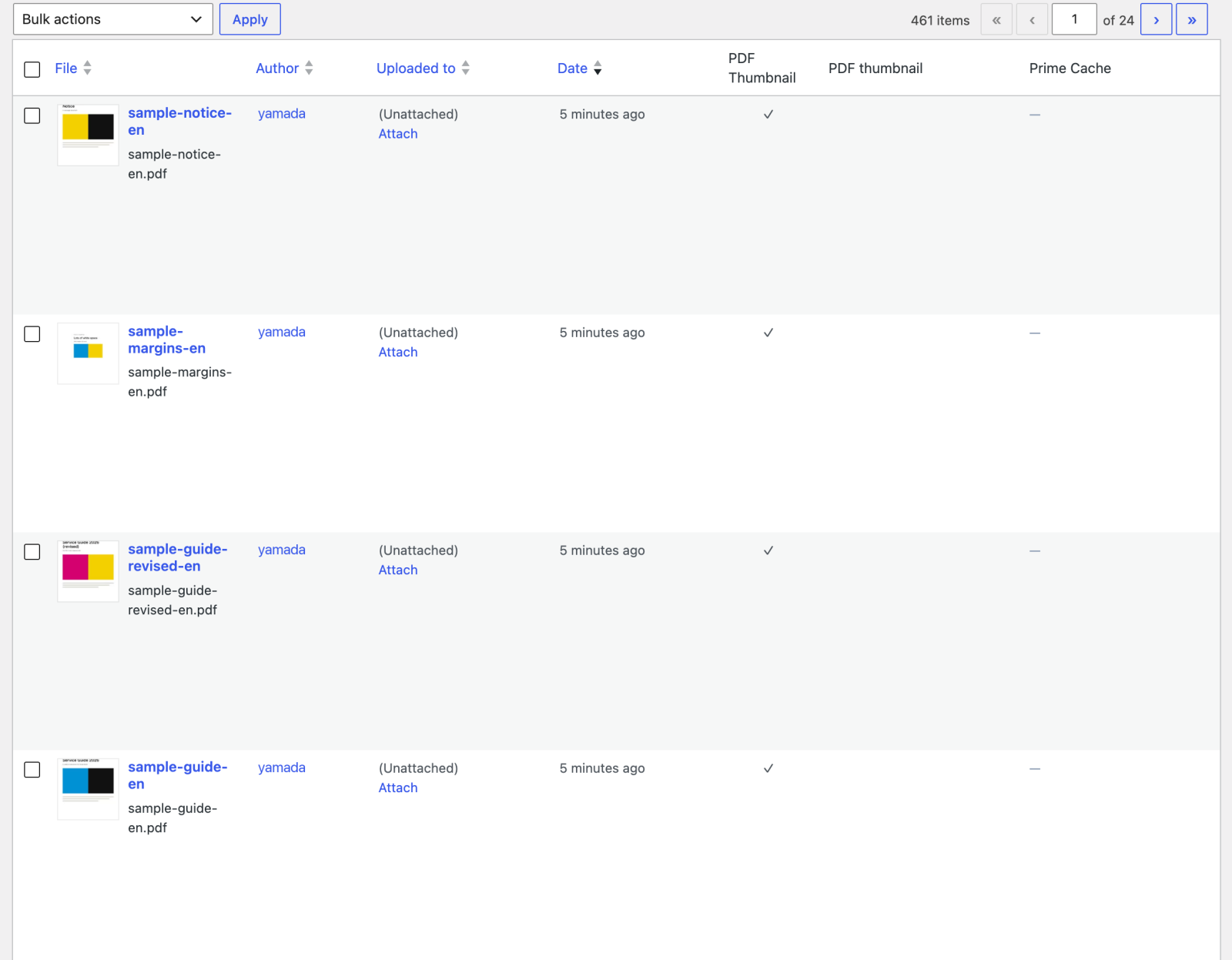 Media Library list view with a tick in the PDF Thumbnail column