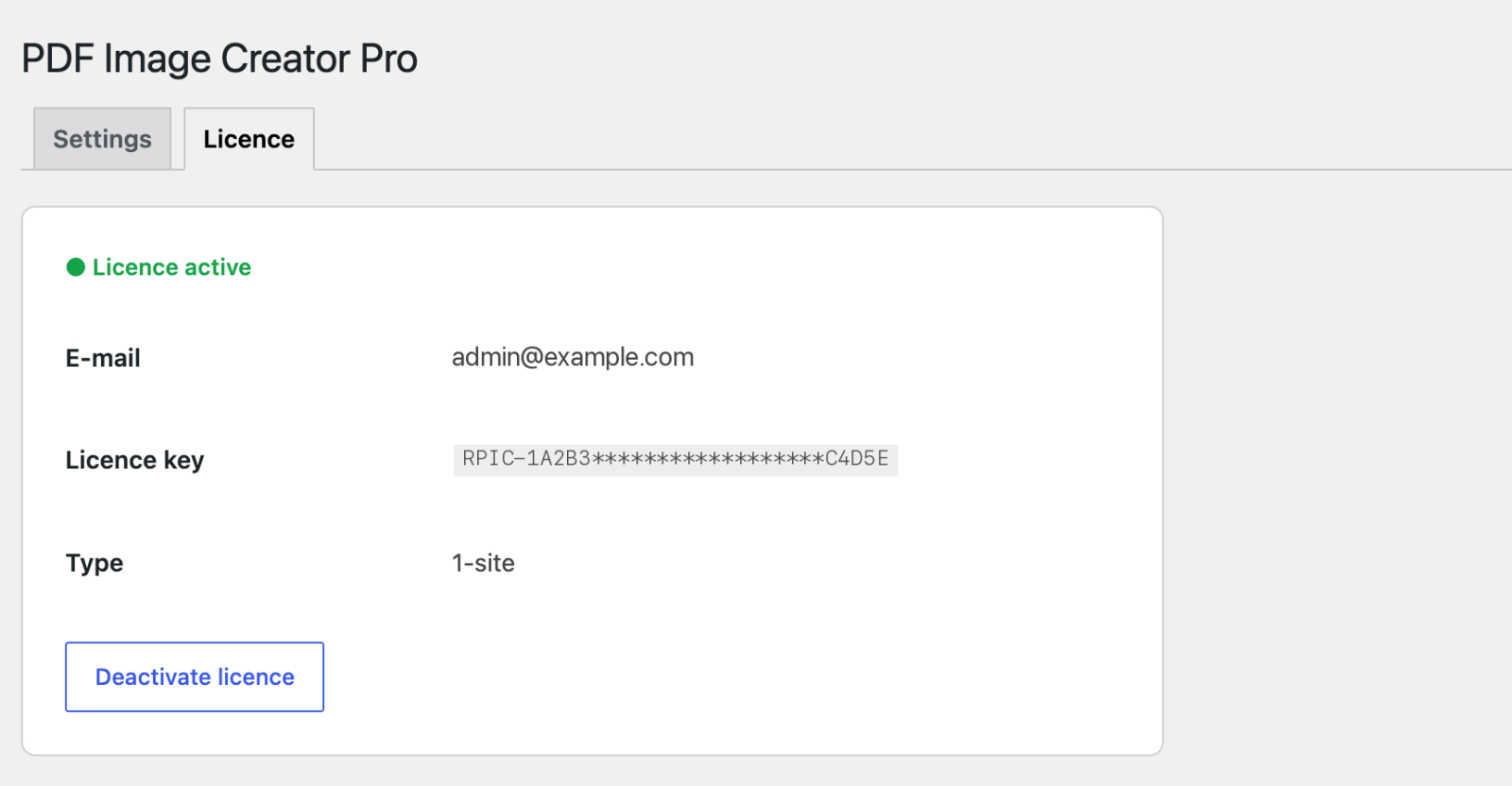 Settings → PDF Image Creator Pro → Licence tab: licence active, e-mail, the masked licence key and the type