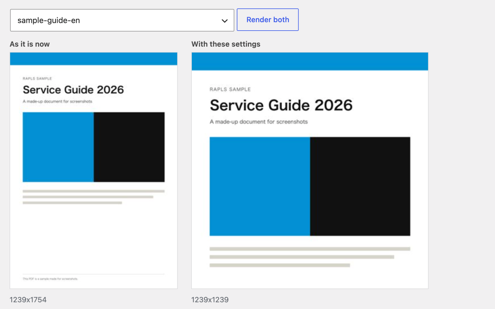 Settings → PDF Image Creator Pro, "See it on one of your own files": the page as it is now next to a square taken from the top