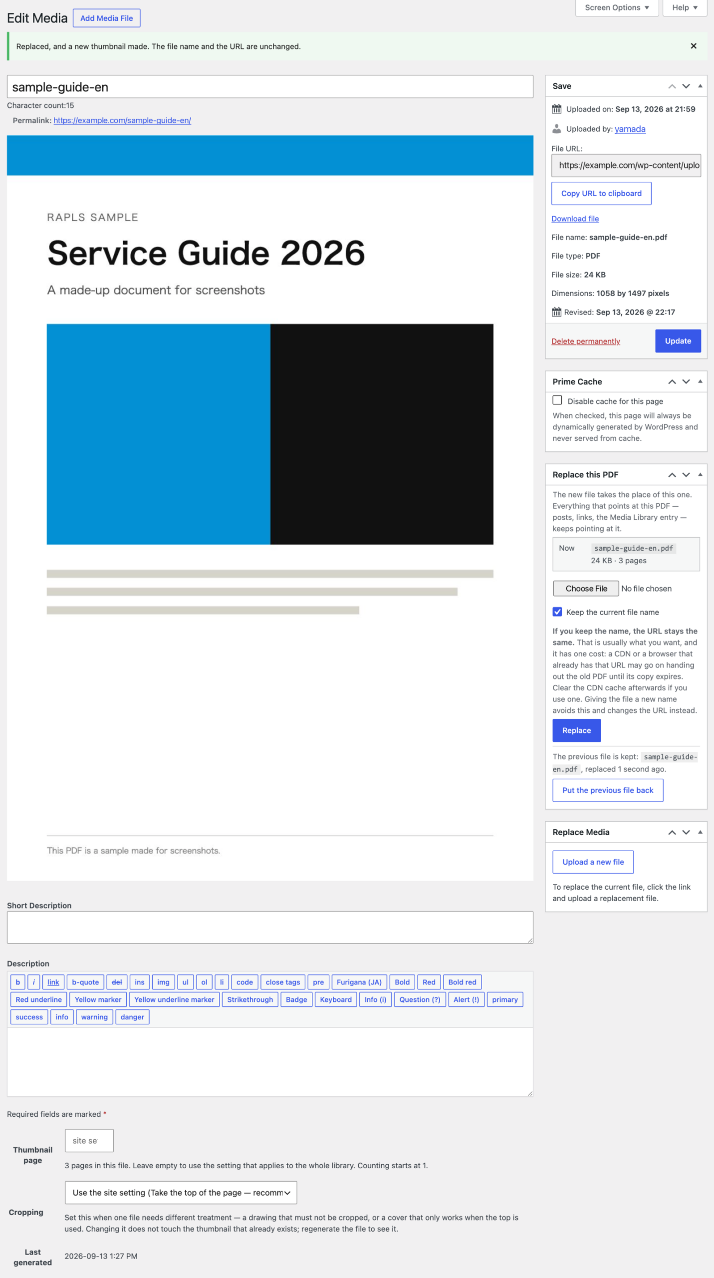 A PDF's edit screen just after a replacement: Thumbnail page and Cropping below, the Replace this PDF box on the right