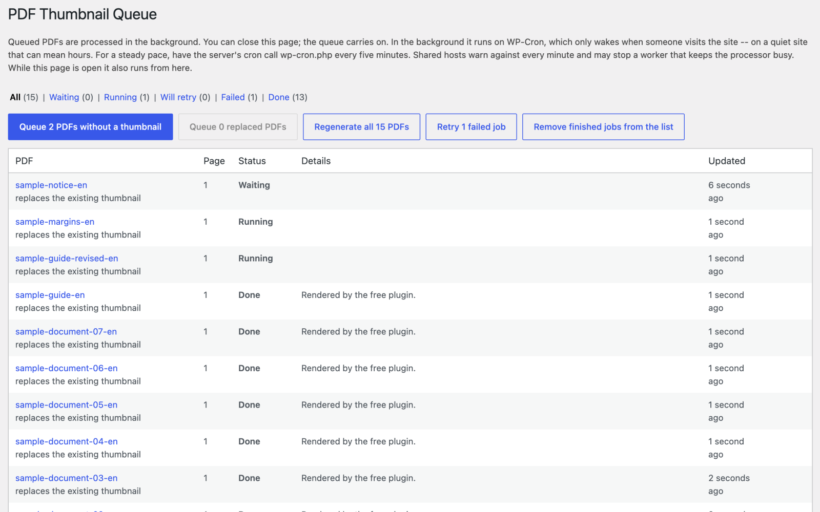 Media → PDF Queue, listing waiting, running and done jobs