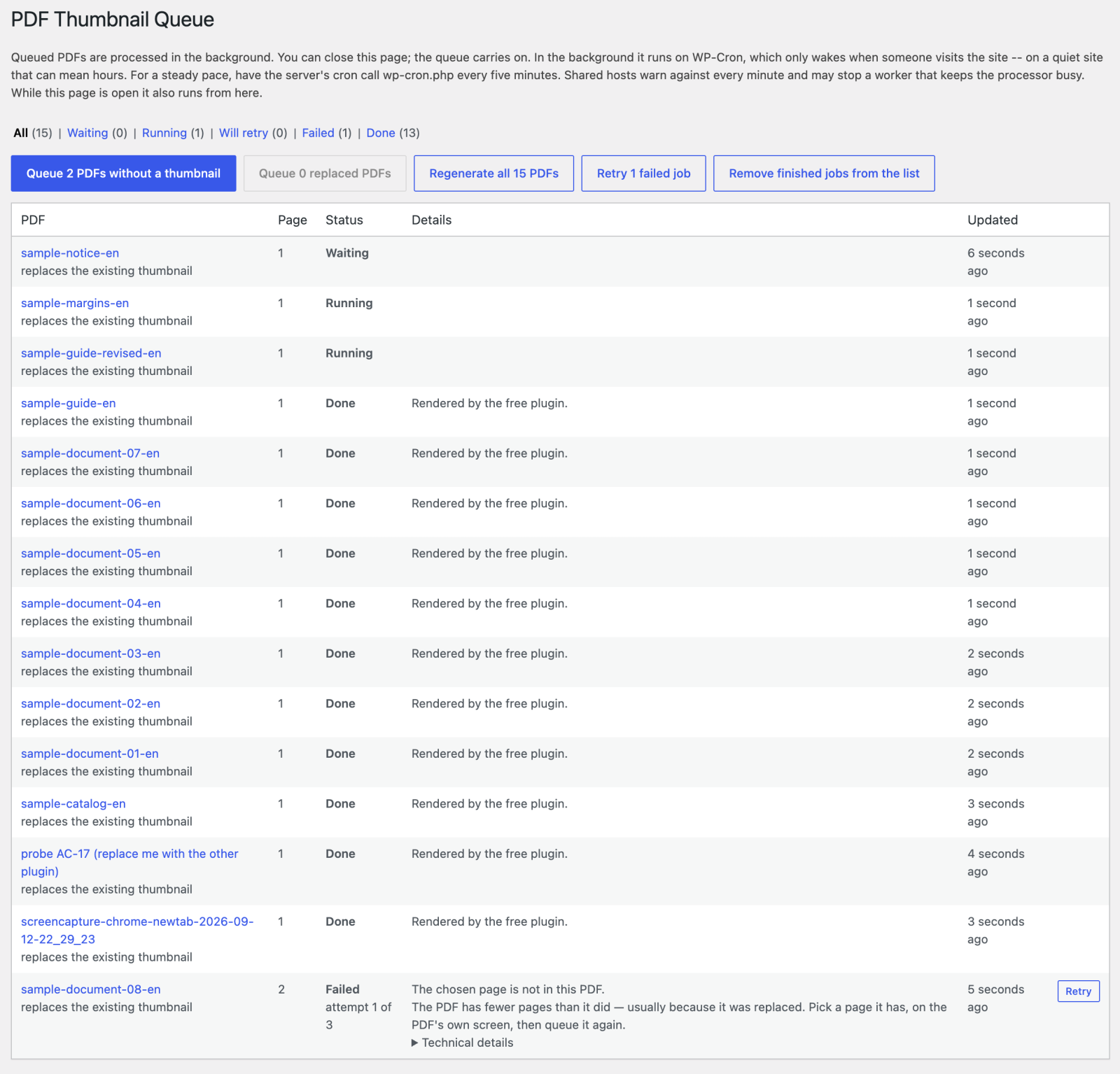 Media → PDF Queue: buttons above, jobs below; a failed job shows its reason and what to do