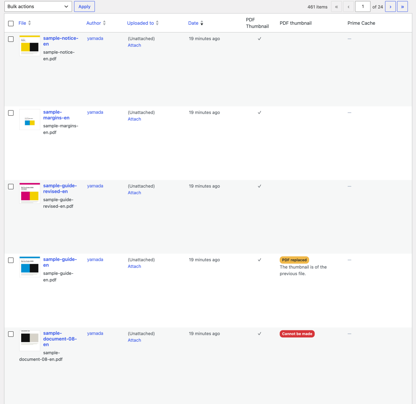Media Library list view: the PDF thumbnail column with the PDF replaced and Cannot be made badges