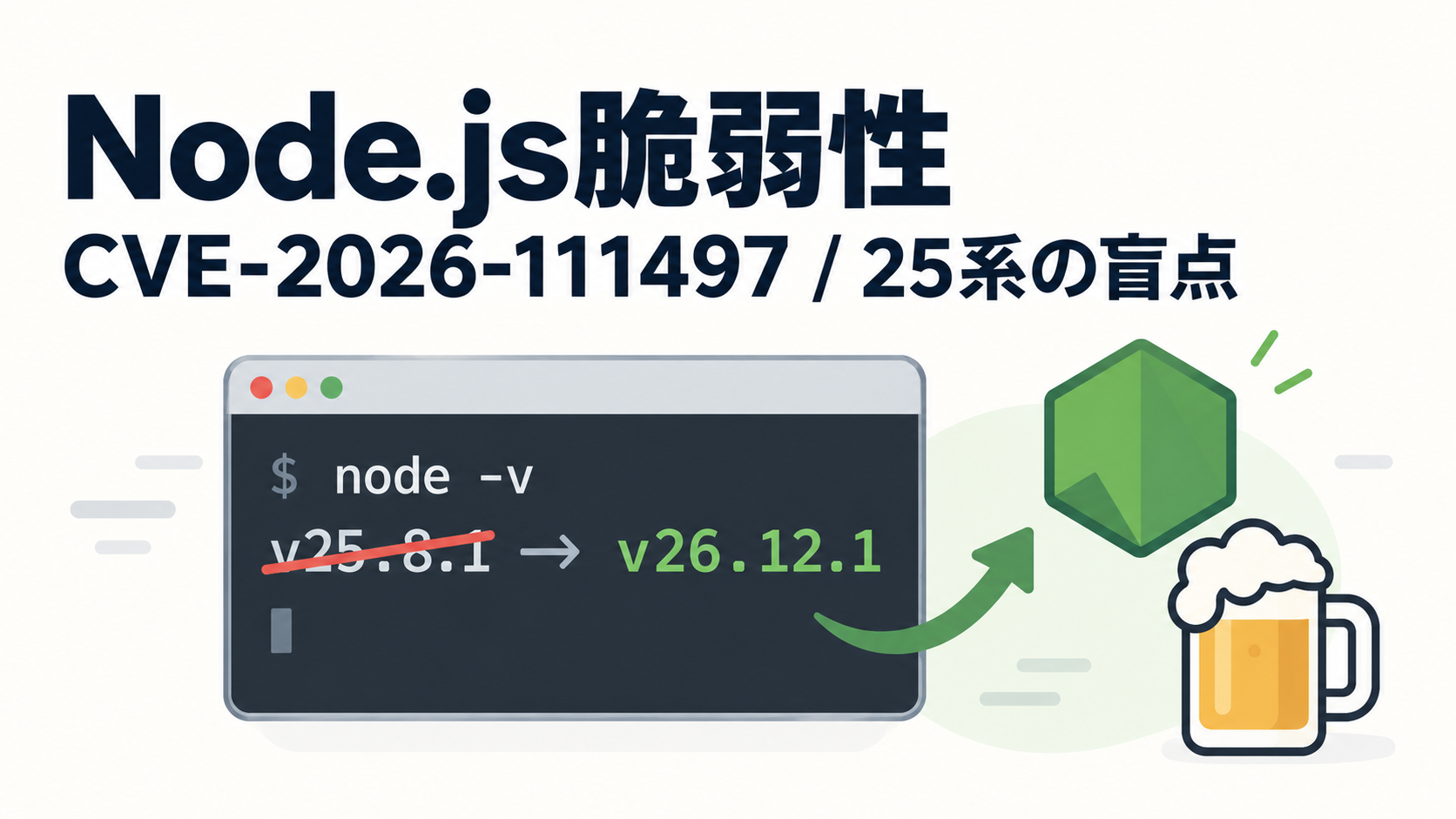 Node.js脆弱性CVE-2026-111497と、Homebrewで25.xから26.12.1へ上げた記録のアイキャッチ